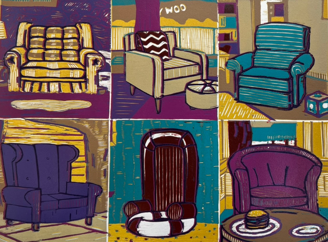 One and Six Cartoon Chairs - Relief Woodcut 16x20